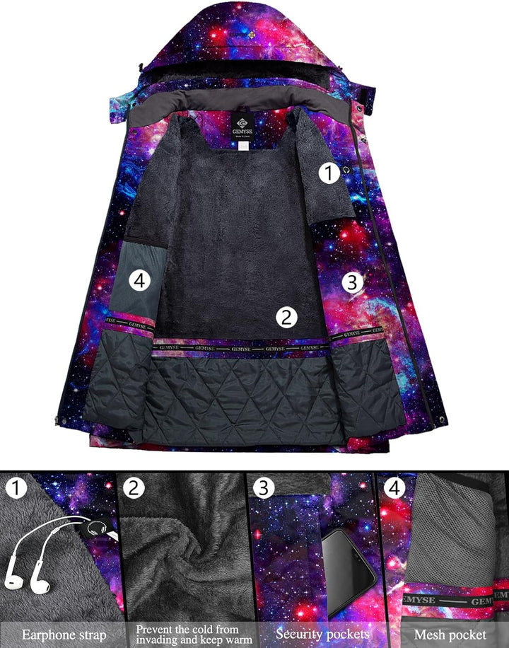 GEMYSE Damen Wasserdichte Berg-Skijacke Winddichte Fleece Outdoor-Winterjacke mit Kapuze Marineblaue