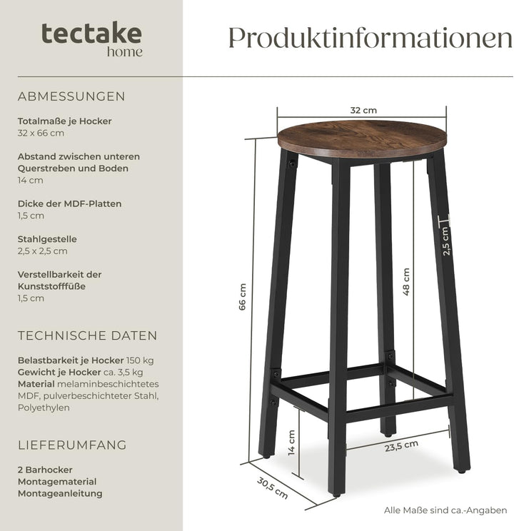 tectake Barhocker 2er-Set, runder Bistrohocker im Industrie-Design, 66 cm hoch, Vintage Barstühle mi