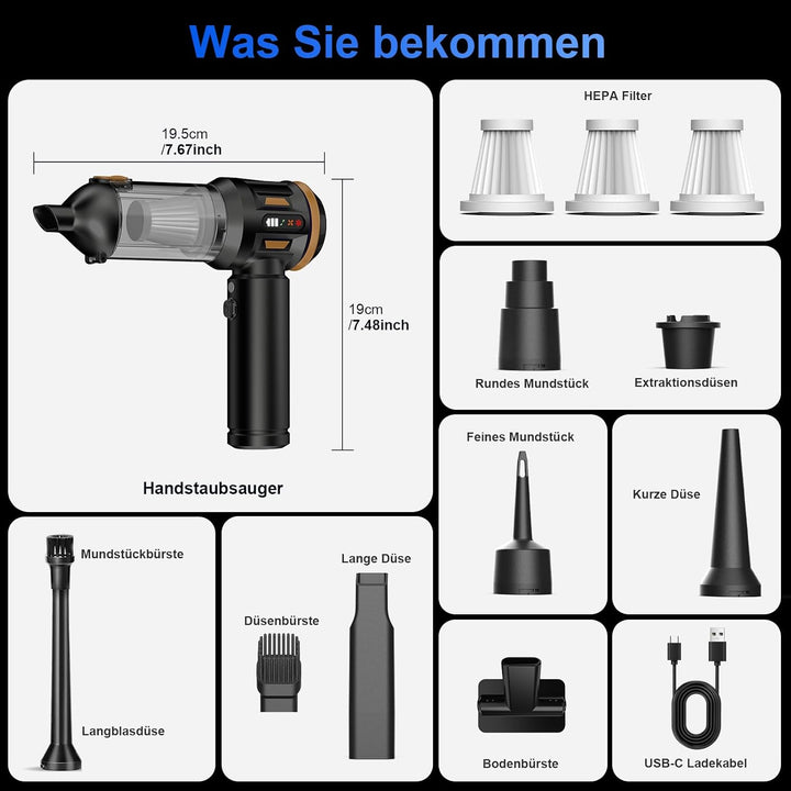 Handstaubsauger, 26000 Pa 4-In-1 Mini Staubsauger Akku Kabellos mit Digitalanzeige 1-Knopf-Selbstent