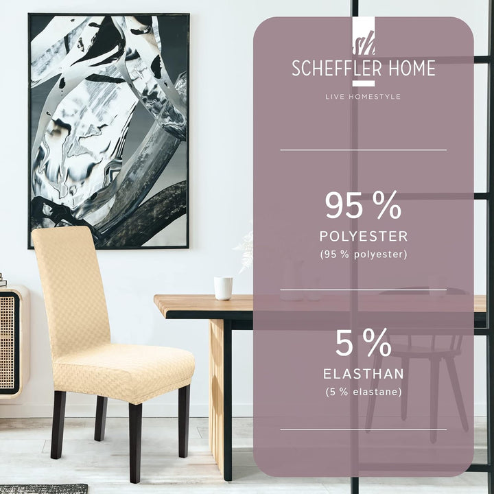 Scheffler-Home Stuhlhussen Emil Creme 4er Set Schachbrett Muster Karo 3D-Textur Stretch elastische S