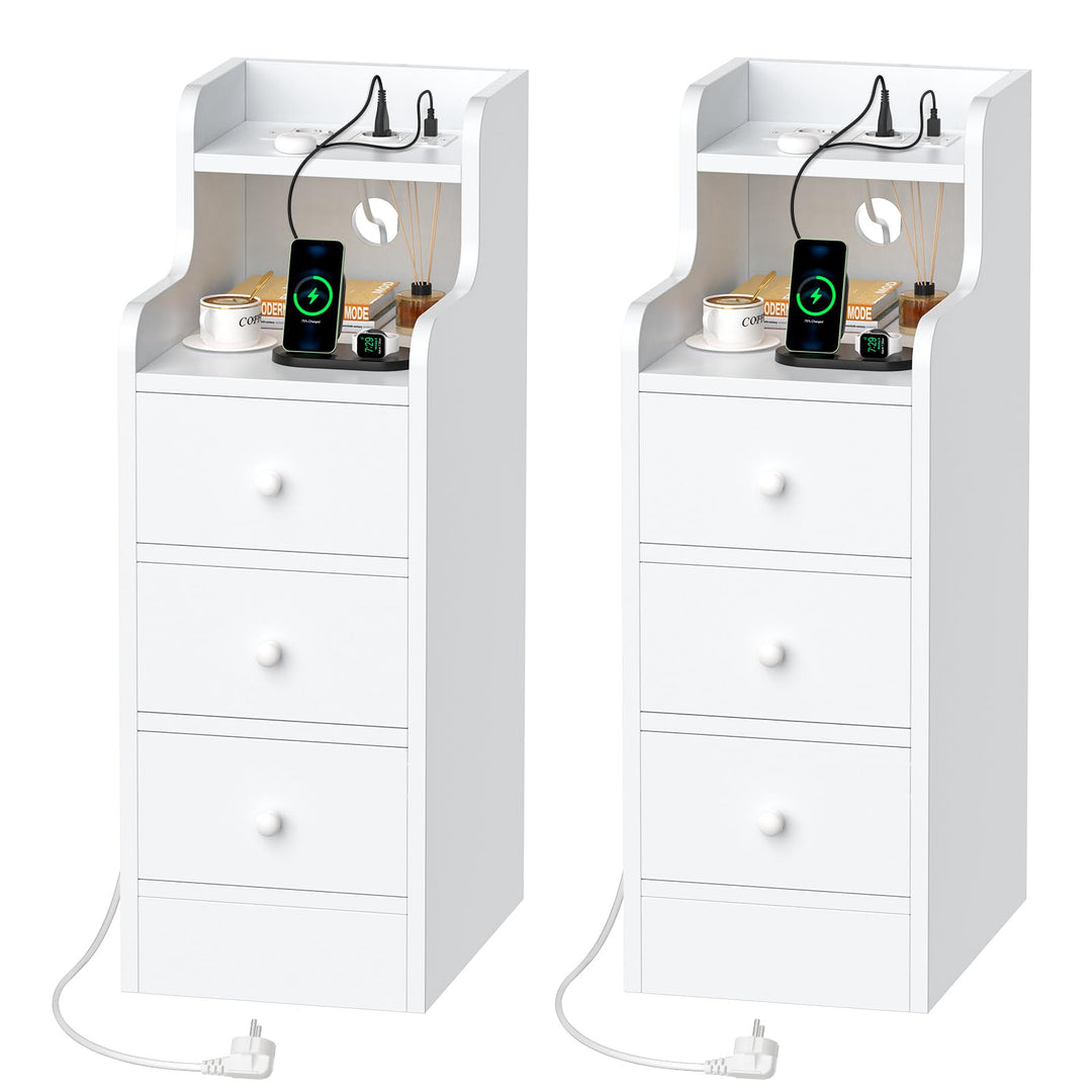 PIPIPOXER Nachttisch 2er Set mit Steckdose & USB, Schmaler Nachttisch, Nachtschrank Weiss Hochglanz