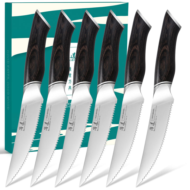 SHANGDAO Steakmesser-Set, 6 Stück, Messerset 12 cm, VG10-Kernstahl, Edelstahl-Steakmesser mit hohem
