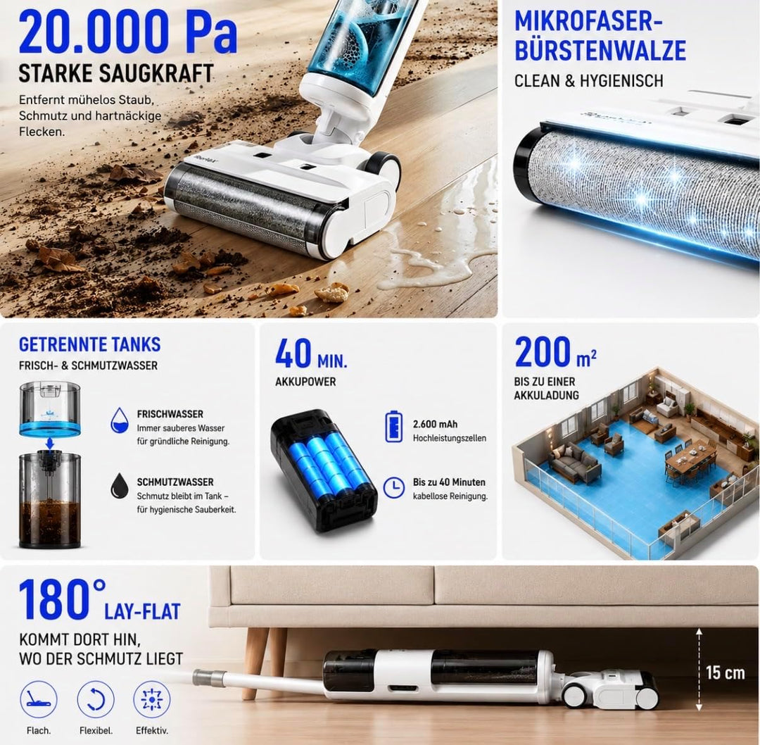BLAXX Nass Trockensauger FloorVaX | Kabelloser Staubsauger mit Wischfunktion | 180° Lay-Flat | Selbs
