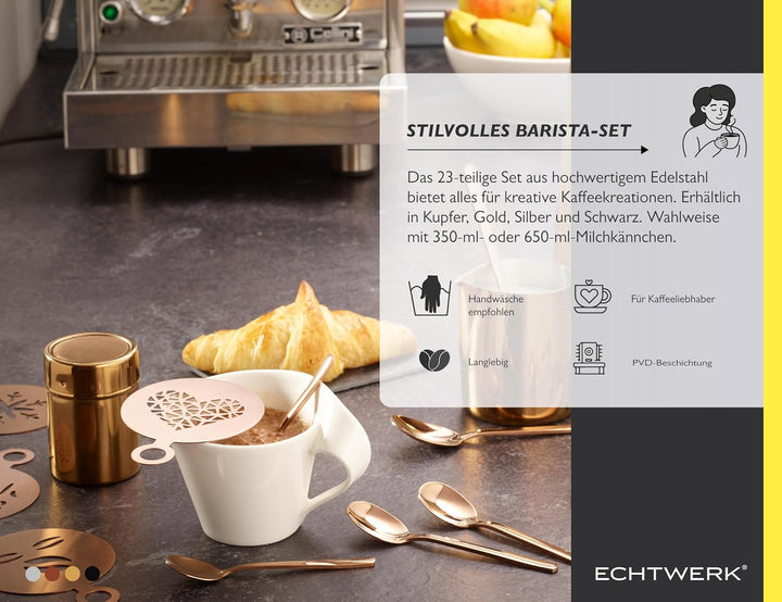 Echtwerk Kaffeezubehör-Set, 23-tlg, Milchschaumkännchen 600 ml, Kakaostreuer, 4x Espresso-, 4x Cappu