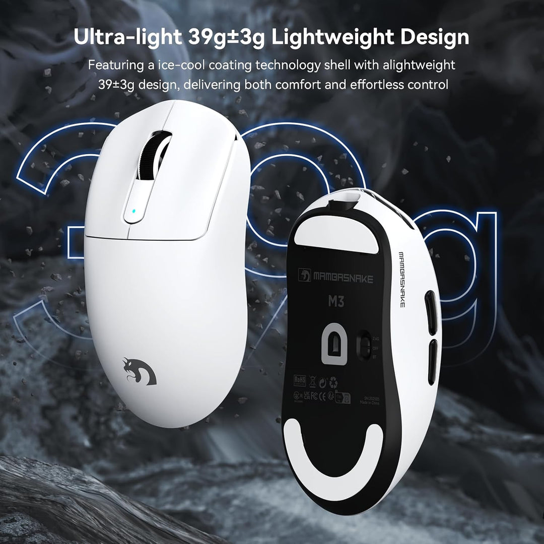 MAMBASNAKE M3 39g SUPERLEICHTE Kabellose Gaming-Maus mit Spiralkabel, PixArt PAW3395PRO-Sensor, Bis
