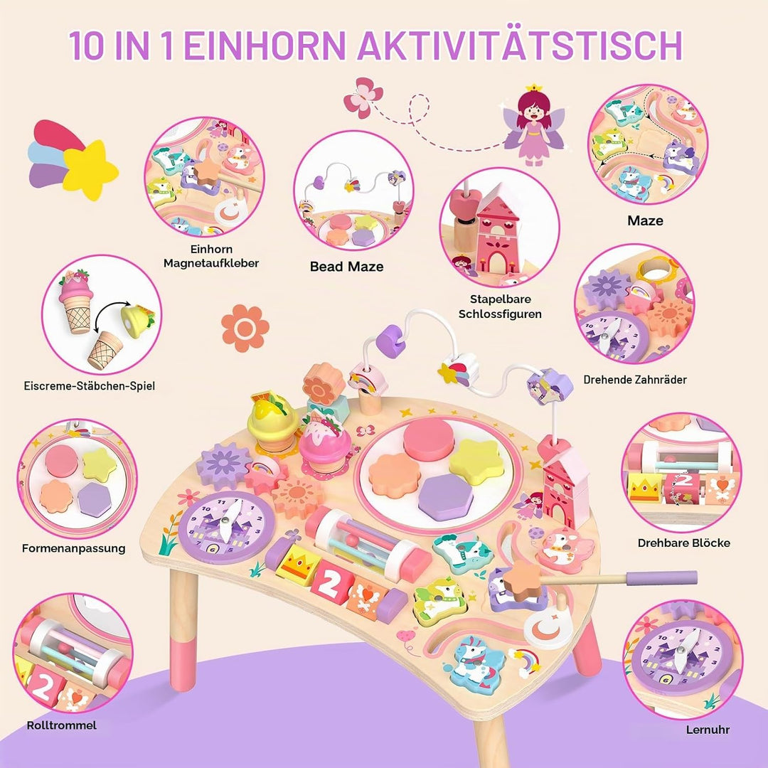 Montessori Aktivitätstisch aus Holz 10-in-1 Einhorn ab 18 Monate | Greifen, Sortieren, Drehen und Sc