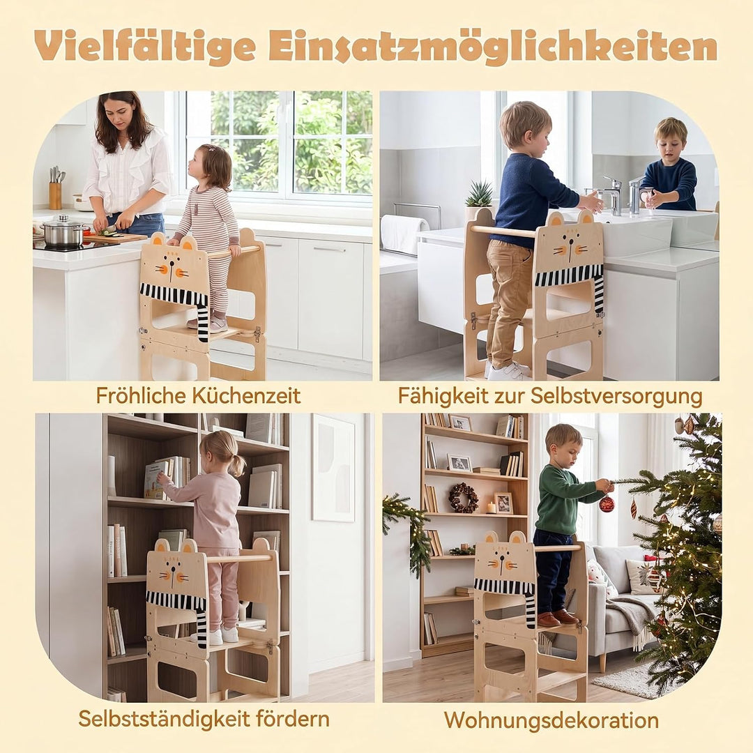 COSTWAY 3 in 1 Lernturm klappbar aus Holz, 50 kg belastbar, Natur | Tritthocker mit Tafel in Katzenf