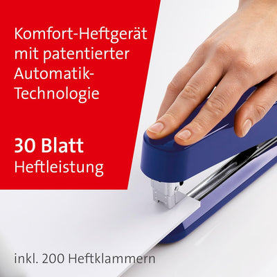 Novus B 7A Komfort Heftgerät (30 Blatt Heftleistung, Automatik-Funktion, inkl. 200 Klammern) blau gl