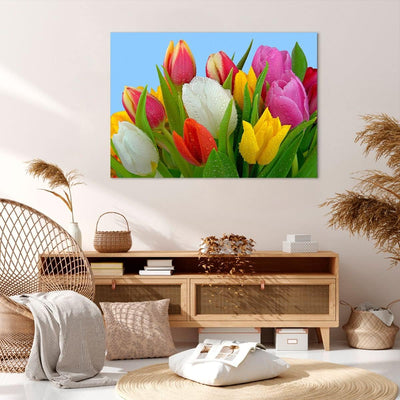 Bilder auf Leinwand 100x70cm Leinwandbild Tulpen Blumenstrauss Blumen Tau Gross Wanddeko Bild Schlaf