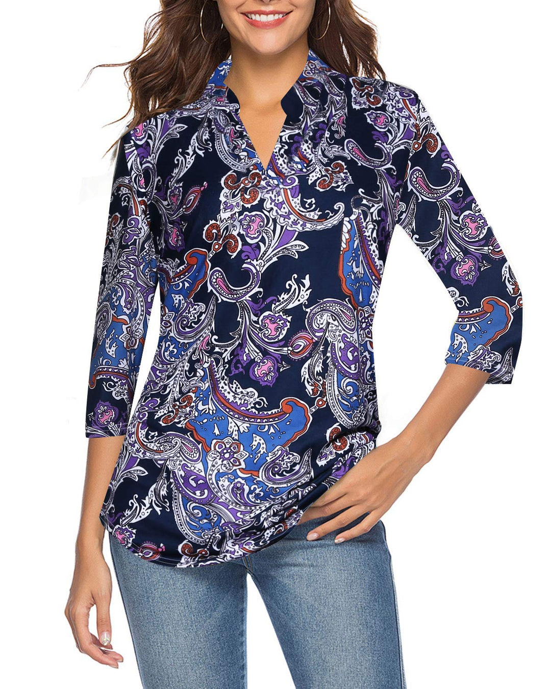 CEASIKERY Damen Shirt Tunic Shirt Tunic L Violett (Blumenmuster), L Violett (Blumenmuster)