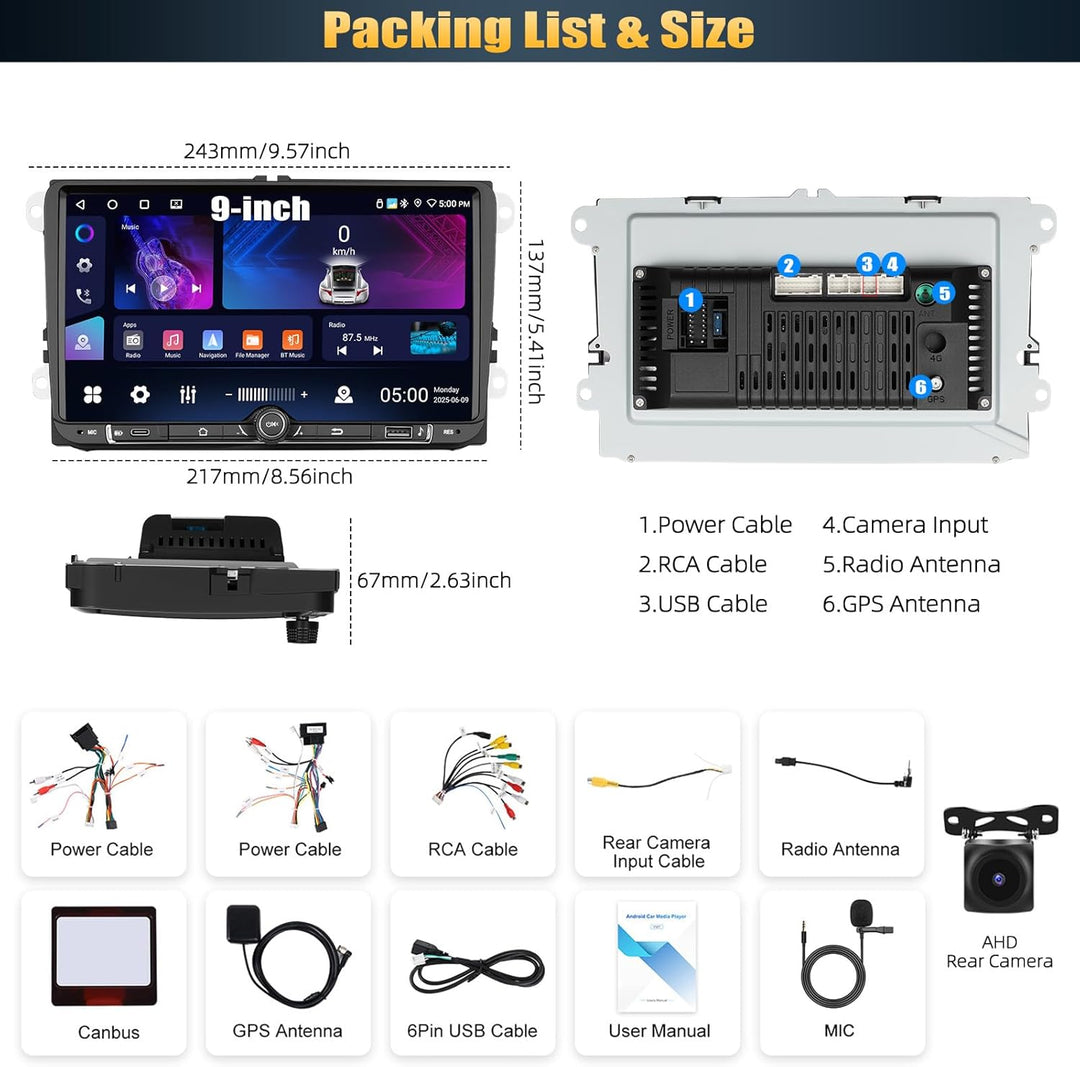 CAMECHO 4G+64G Android 15 Autoradio für VW Golf 5 Polo Skoda mit Navi Carplay Android Auto,9 Zoll Do
