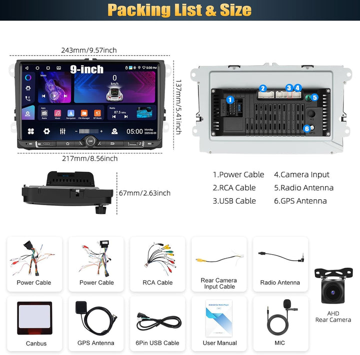 CAMECHO 4G+64G Android 15 Autoradio für VW Golf 5 Polo Skoda mit Navi Carplay Android Auto,9 Zoll Do