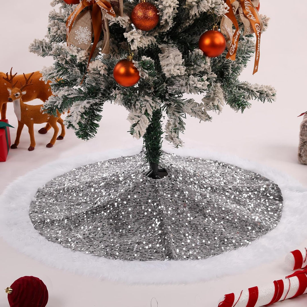 KONVINIT Grau Weihnachtsbaumdecke Rund Pailletten Christbaumdecke Luxus Weihnachtsbaumrock Weihnacht