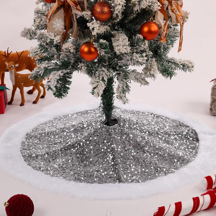 KONVINIT Grau Weihnachtsbaumdecke Rund Pailletten Christbaumdecke Luxus Weihnachtsbaumrock Weihnacht