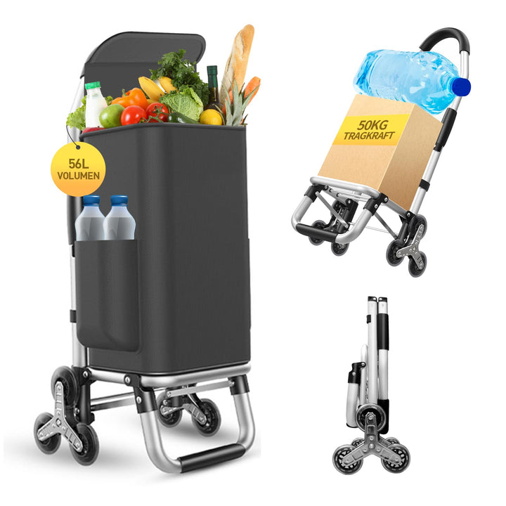 Einkaufstrolley Klappbar mit 56L Kapazität und Belastbar bis 50kg, 2 in 1 Multifunktions Mutige Alum