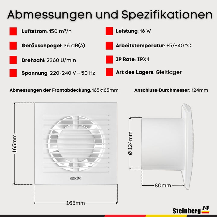 Steinberg14 Abluftventilator 125mm Weiss Badlüfter Fan - Ventilator zur Belüftung in Bad und WC gege