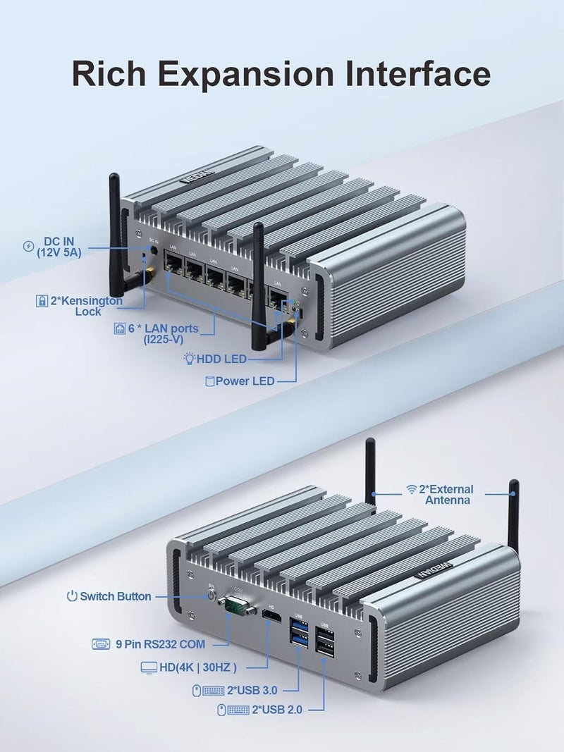 WEIDIAN Firewall Mini PC 2.5GbE, Mini PC, OPNsense, VPN, Router PC, Celeron J4125, 6 x I225-V 2.5GbE