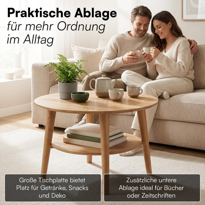 skølm Couchtisch rund Mjölnir, Wohnzimmertisch aus Eiche Massivholz, Beistelltisch für Wohnzimmer Du