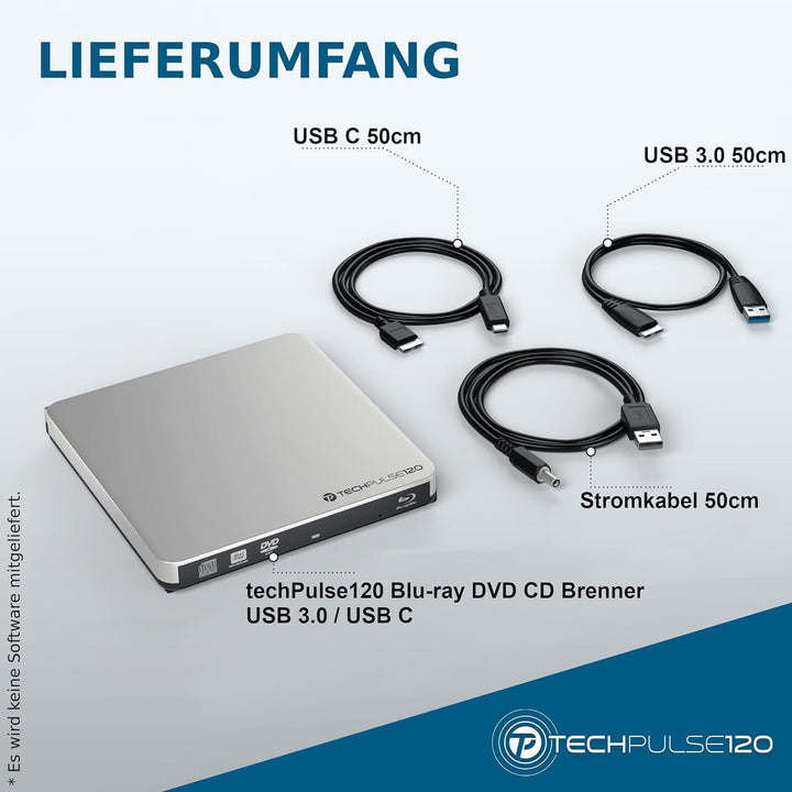 techpulse120 USB 3.0 Typ-C externer Blu-ray Brenner 3D M-Disc BDXL 100GB Burner Superdrive Blueray L