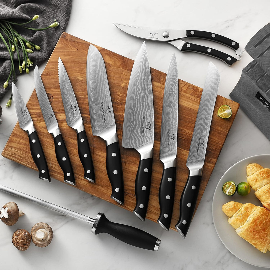 NANFANG BROTHERS 15er Damastmesser Set Damastmesser Set mit Buchenholzmesserblock, Messerblock mit M