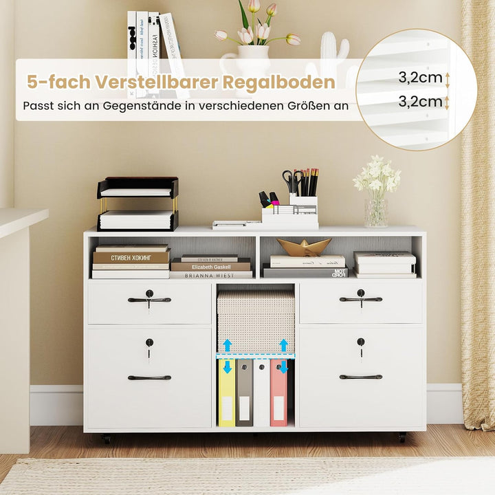 COSTWAY Rollcontainer mit 4 Schubladen, mobiler Aktenschrank abschliessbar mit verstellbarem Regal &