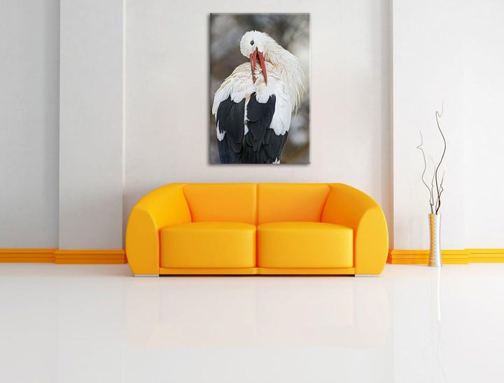 Pixxprint Storch putzt Sich auf Leinwand, XXL riesige Bilder fertig gerahmt mit Keilrahmen, Kunstdru