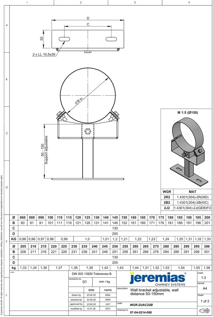 Jeremias DW-FU Wandhalter verstellbar 115mm Edelstahl 50-150mm einstrebig Abgassystem 115 mm Silber,