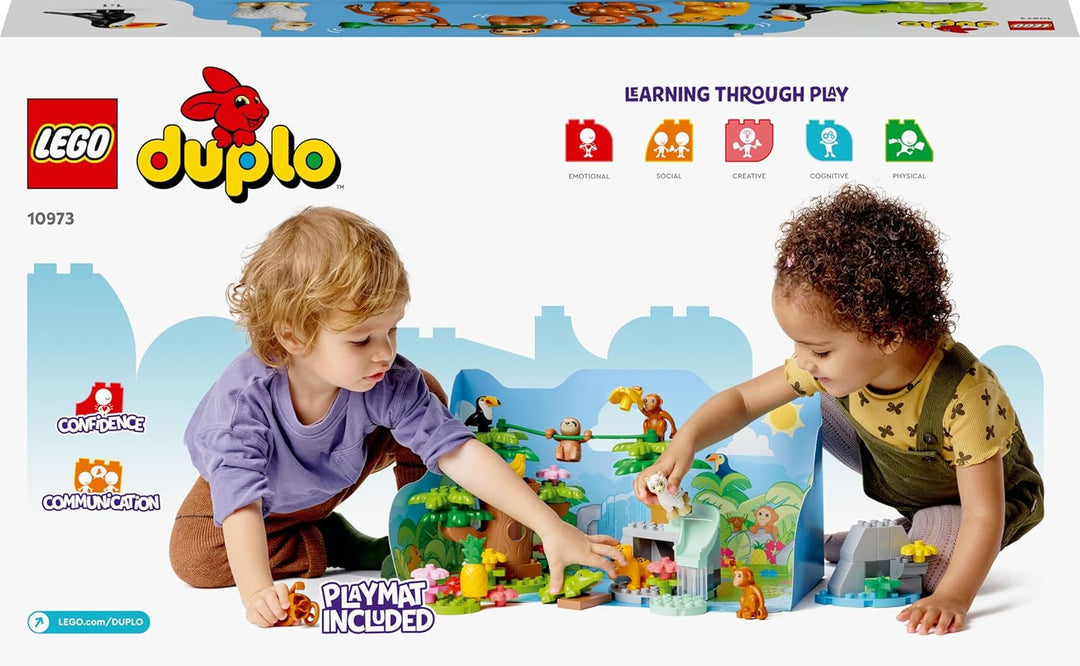 LEGO 10973 DUPLO Wilde Tiere Südamerikas Spielzeug-Set mit 7 Tierfiguren, Steine und Dschungel-Spiel