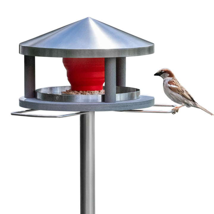 Vogelhaus mit Ständer wetterfest aus Edelstahl - Stabiles Vogelfutterhaus für draussen, modern aus M