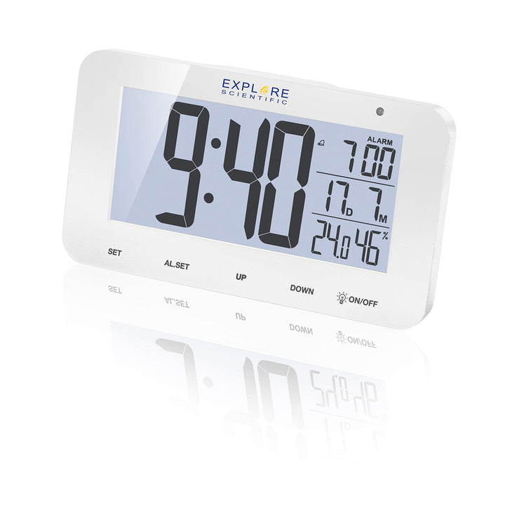 Explore Scientific RDC1004 Tischuhr mit LED-Hintergrundbeleuchtung, weiss, Alarm & Snooze, weiss, mi