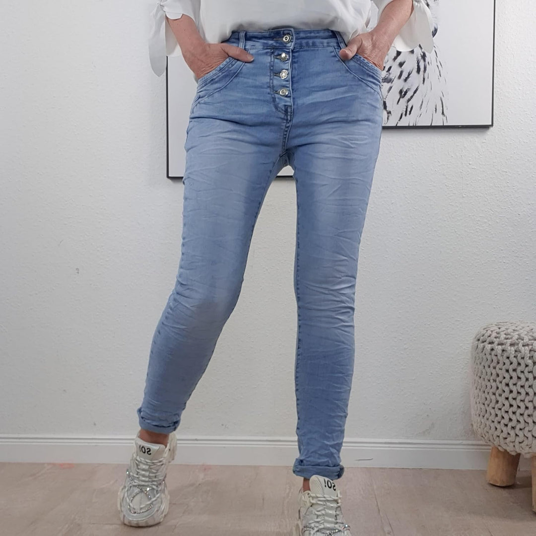 Jewelly Damen Boyfriend Stretch Jeans| Denim Hose für Frauen| 5-Pocket Bagggy Pants XS Light Wash, X