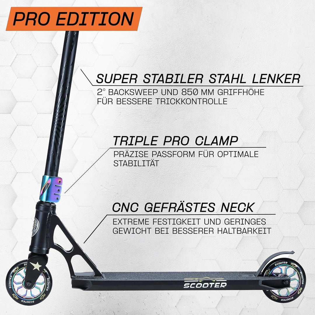 STAR SCOOTER Pro Sport Freestyle Kick Stunt Scooter für Kinder ab 7 Jahre, Erwachsene | 110 120mm Pr