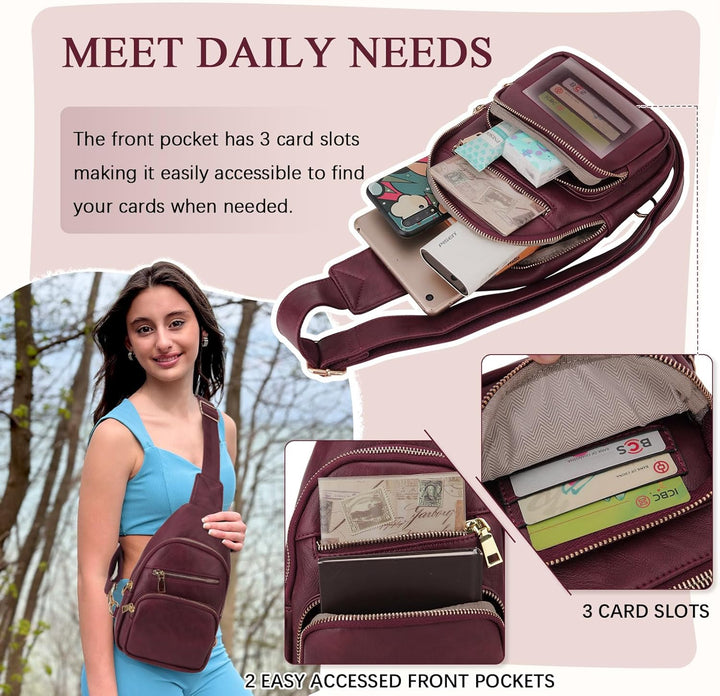 VX VONXURY Sling Bag Klein, Vegan Leder Brusttasche Schultertasche Umhängetasche Damen mit Breiten G