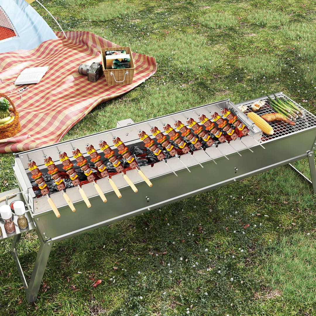 BBQ Spiessdreher mit 15 Edelstahl Spiesse Grill Mangal Schaschlik mit USB Motor, Edelstahl Drehspies