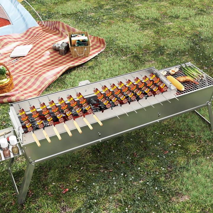 BBQ Spiessdreher mit 15 Edelstahl Spiesse Grill Mangal Schaschlik mit USB Motor, Edelstahl Drehspies