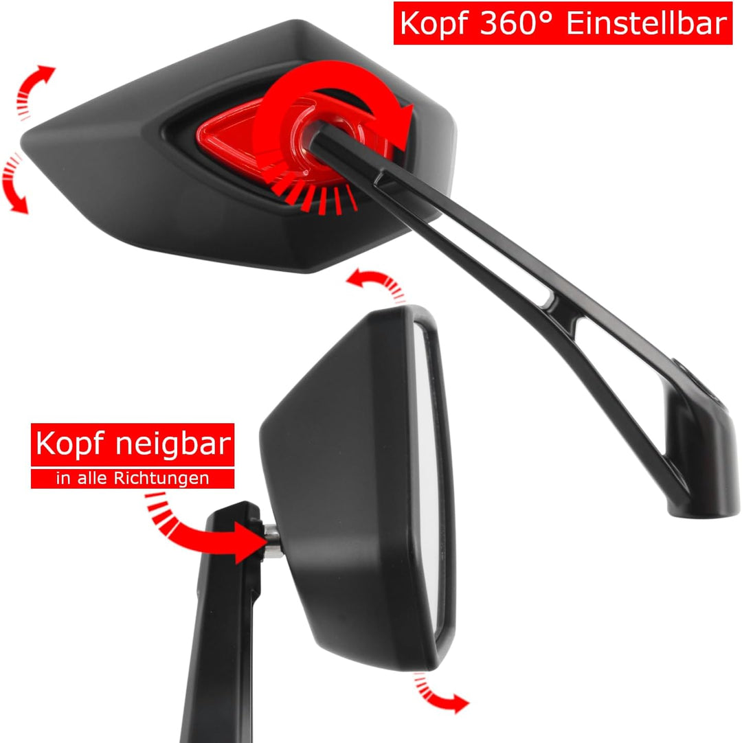 Area1 Universal Motorrad Rückspiegel Paar e-geprüft 2x M10 Rechtsgewinde + Linksgewindeadapter, komp