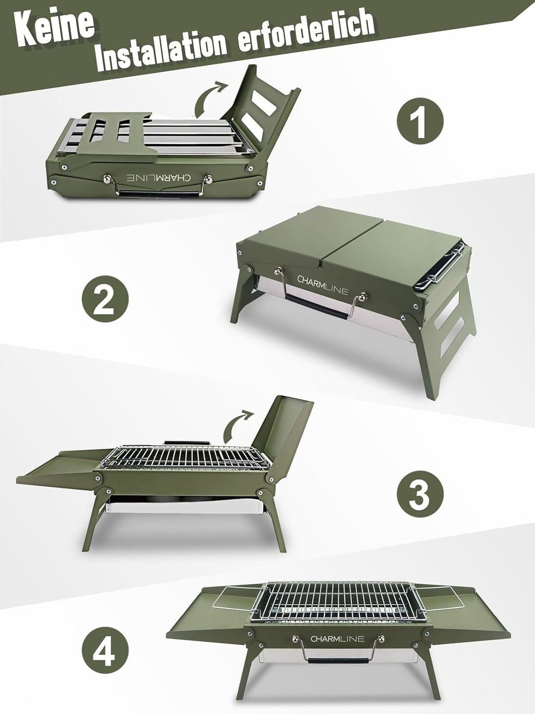Charmline Tragbarer Holzkohlegrill, Klappbarer Campinggrill 35 x 23 cm für 1–3 Personen, Mini BBQ Gr