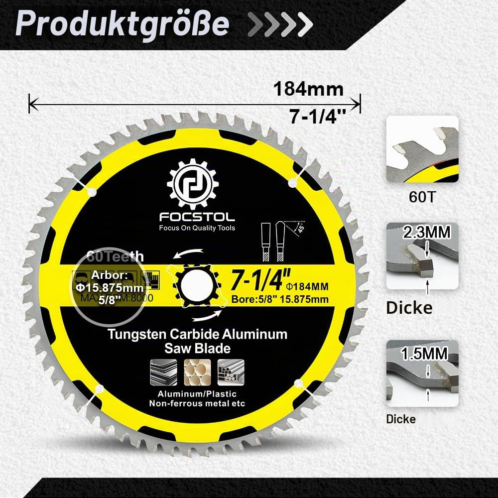 FOCSTOL Kreissägeblatt für Aluminium 184mm x 15,875mm - Sägeblatt 60 Zähne zum Schneiden von Nichtei