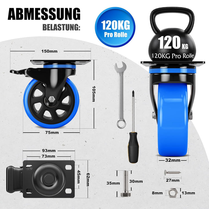 Asibaade Schwerlastrollen 75mm Lenkrollen bis zu 480KG Tragbarkeit 360° Drehung für Möbeltransport &amp;