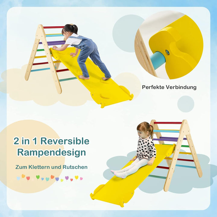 COSTWAY Kletterdreieck mit Rutsche, Klettergerüst Indoor ab 1 Jahr, Sprossendreieck Kletterrampe aus
