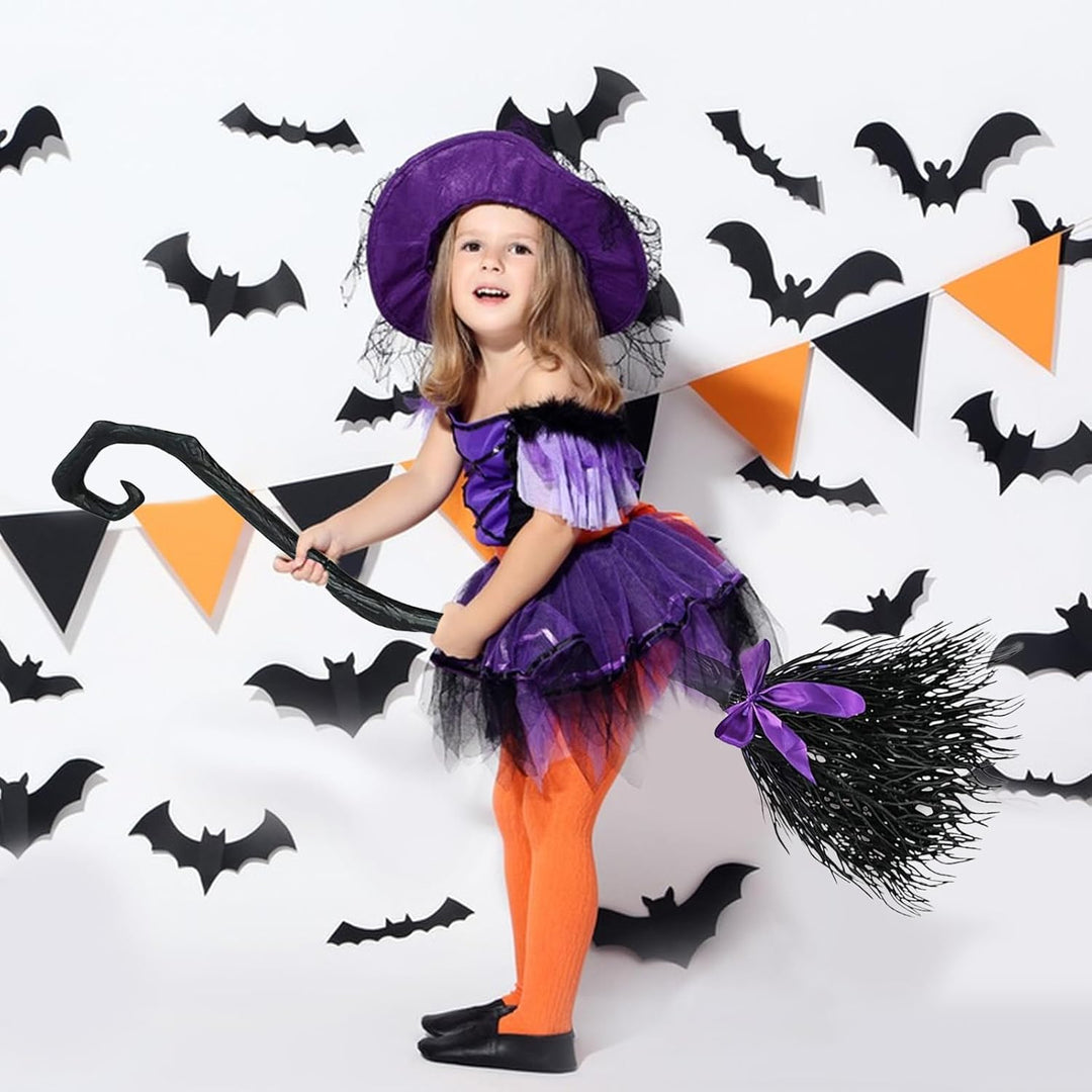 Halloween Hexenbesen, Hexenbesen Kinder mit 3 farbigen Bändern, 130cm Halloween Reisigbesen, Hexe Ma