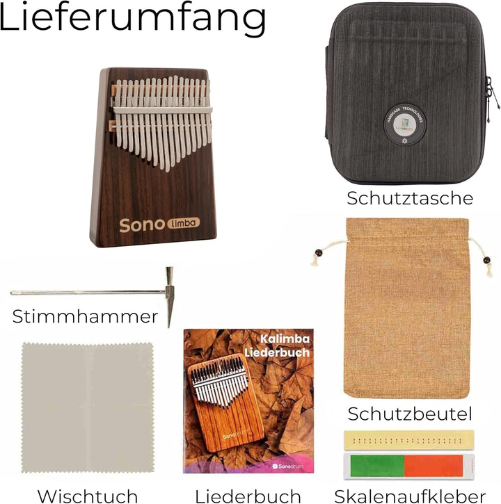 Kalimba "Sonolimba" mit 17 Schlüsseln in C - Dur aus Rosenholz - Daumenklavier inkl. Set mit Liederb
