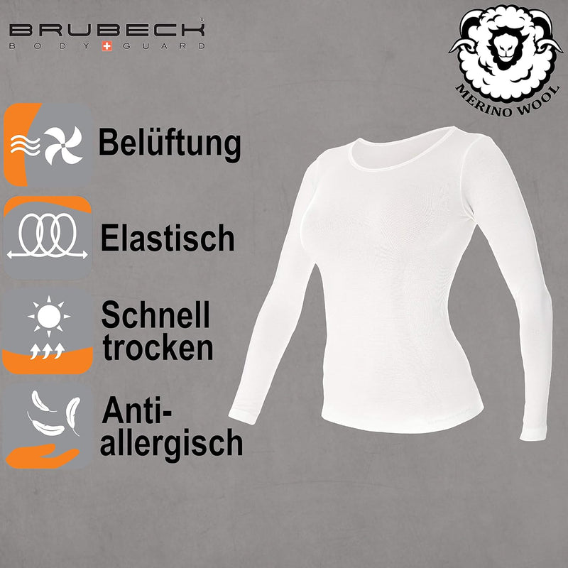 BRUBECK Damen Funktionsshirt Langarm | 41% Merino-Wolle | Atmungsaktiv | Funktionsunterwäsche | Atmu