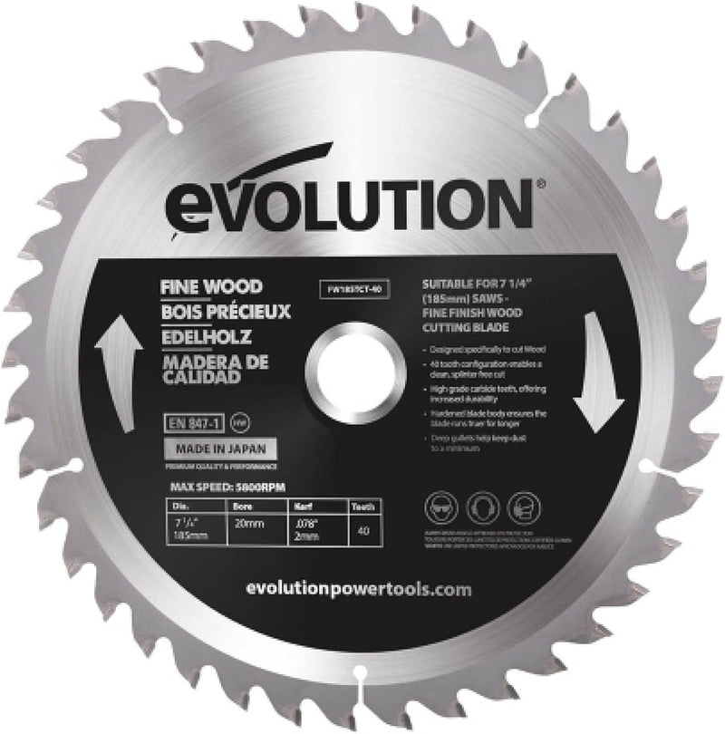 Evolution FW185TCT-40 - 185 mm feines Holzsägeblatt - Hartmetallbestücktes Sägeblatt mit 40 Zähnen l