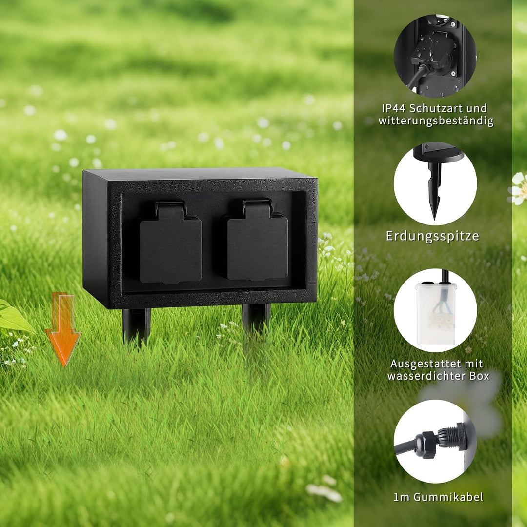 Garten Steckdosensäule mit 4-Fach Gartensteckdosen,mit 2 Erdspiess und 1m Gummikabel, max.3600 Watt,