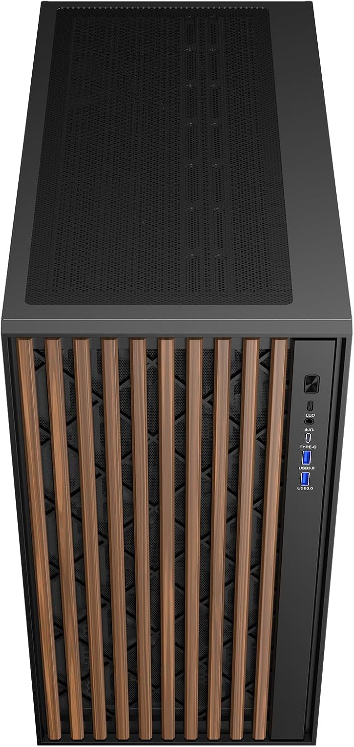 Itek Case Woody - Gaming Tower, ATX, 3x14cm Black Fan, 2xUSB3, Type-C, Wood Front, Temp Glass Side P