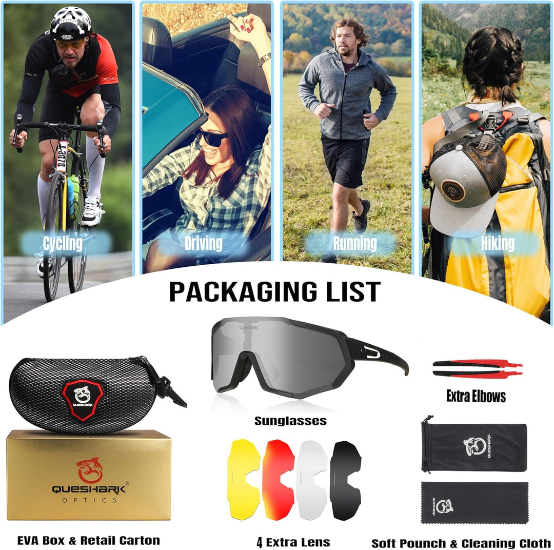 Queshark Sportbrillen Fahrrad Brillen Damen Herren Polarisierte UV400 Schutz mit 5 Wechselgläser Rad