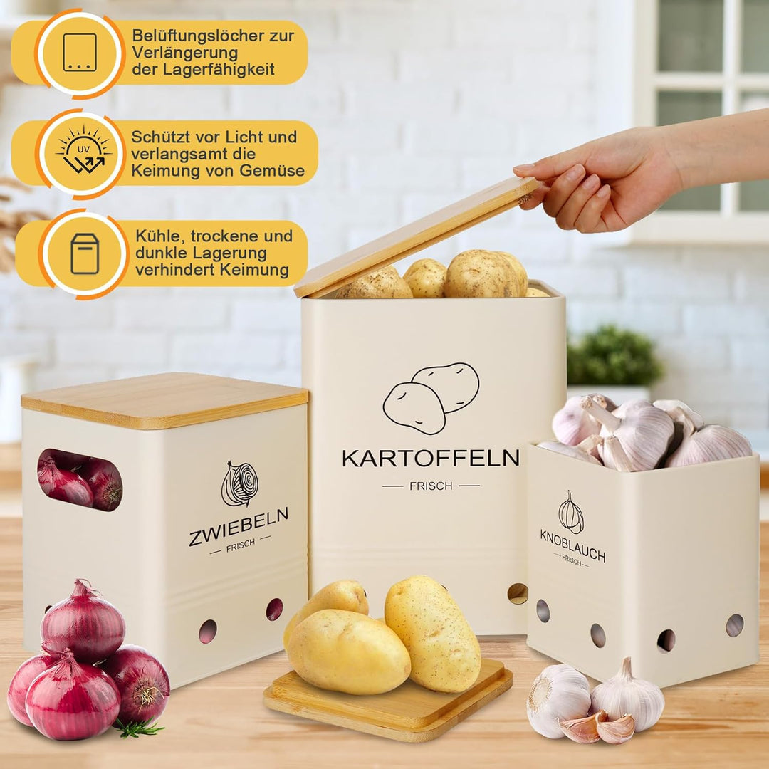Kartoffel Aufbewahrungsbox, Aufbewahrung Kartoffeln Zwiebeln Knoblauch - 3er Set mit Bambusdeckel -
