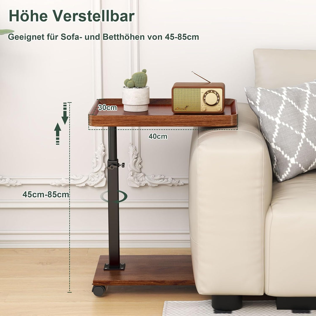Beistelltisch c Form Höhenverstellbar mit Rollen, 360° Rotierend Couch Beistelltisch Holz Sofatisch,