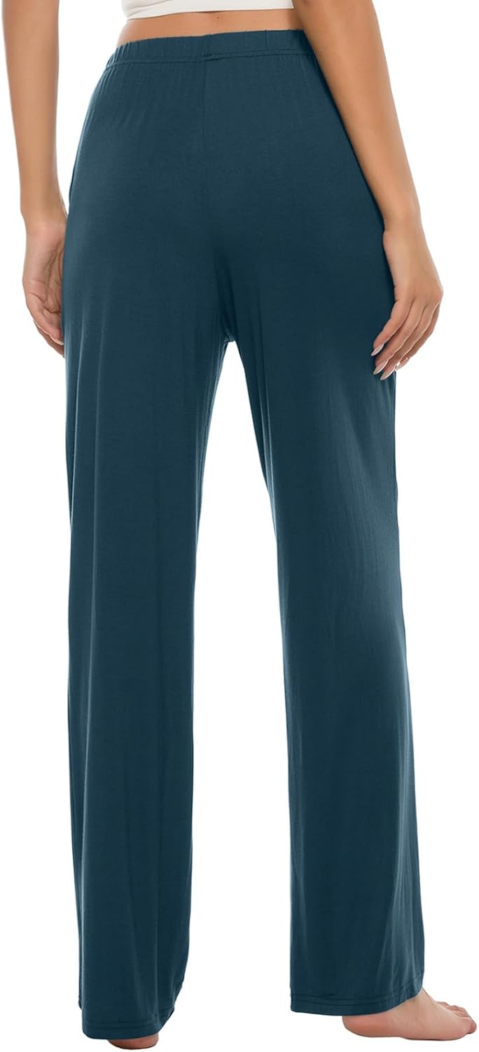 JINSHI Damen Schlafanzughose Lang Pyjamahose Weich Modal Nachtwäsche Freizeithose XS Schwarz+blau, X